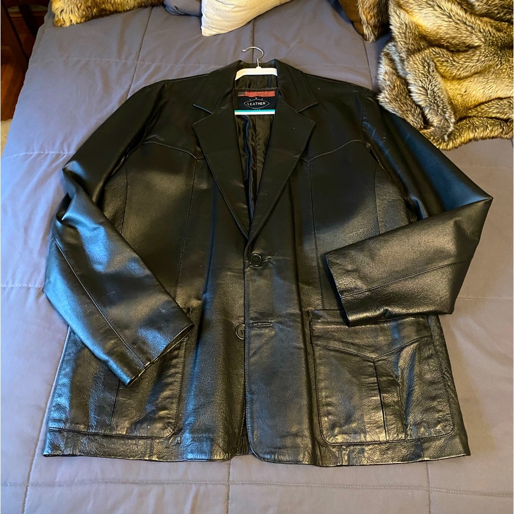 •USA LEATHER• Men’s Large Black Leather Coat